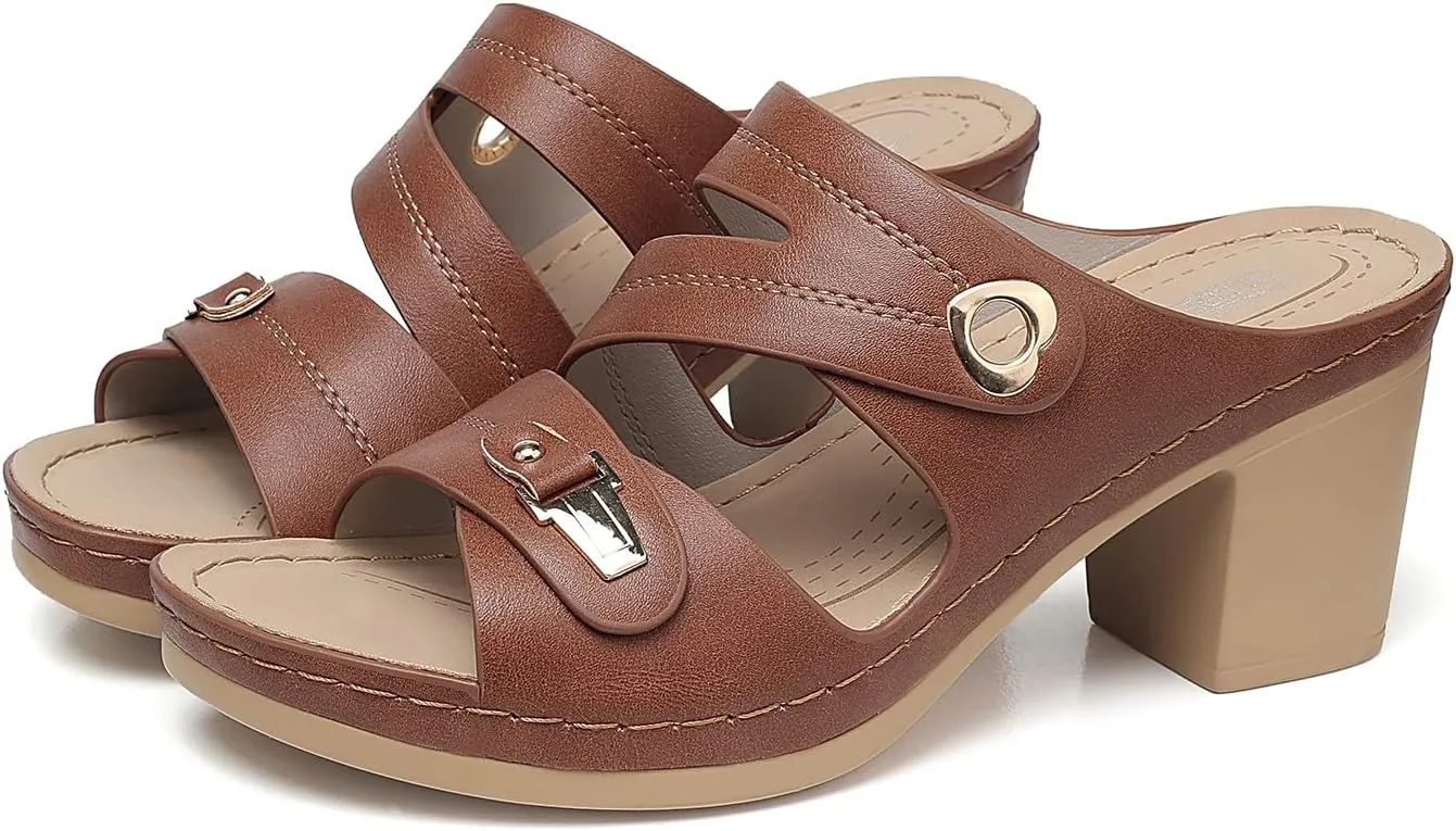 SHIBEVER Women's Summer Sandals, Low Wedge Block Heels, Comfortable PU Leather, Slip-On, Open Toe, Dressy & Casual
