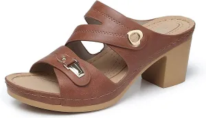 SHIBEVER Women's Summer Sandals, Low Wedge Block Heels, Comfortable PU Leather, Slip-On, Open Toe, Dressy & Casual