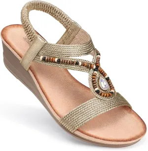 SHIBEVER Womens Wedge Sandals Low: Elastic Ankle Strap Wedge Sandals - Dressy Sandals Women - Comfortable Open Toe