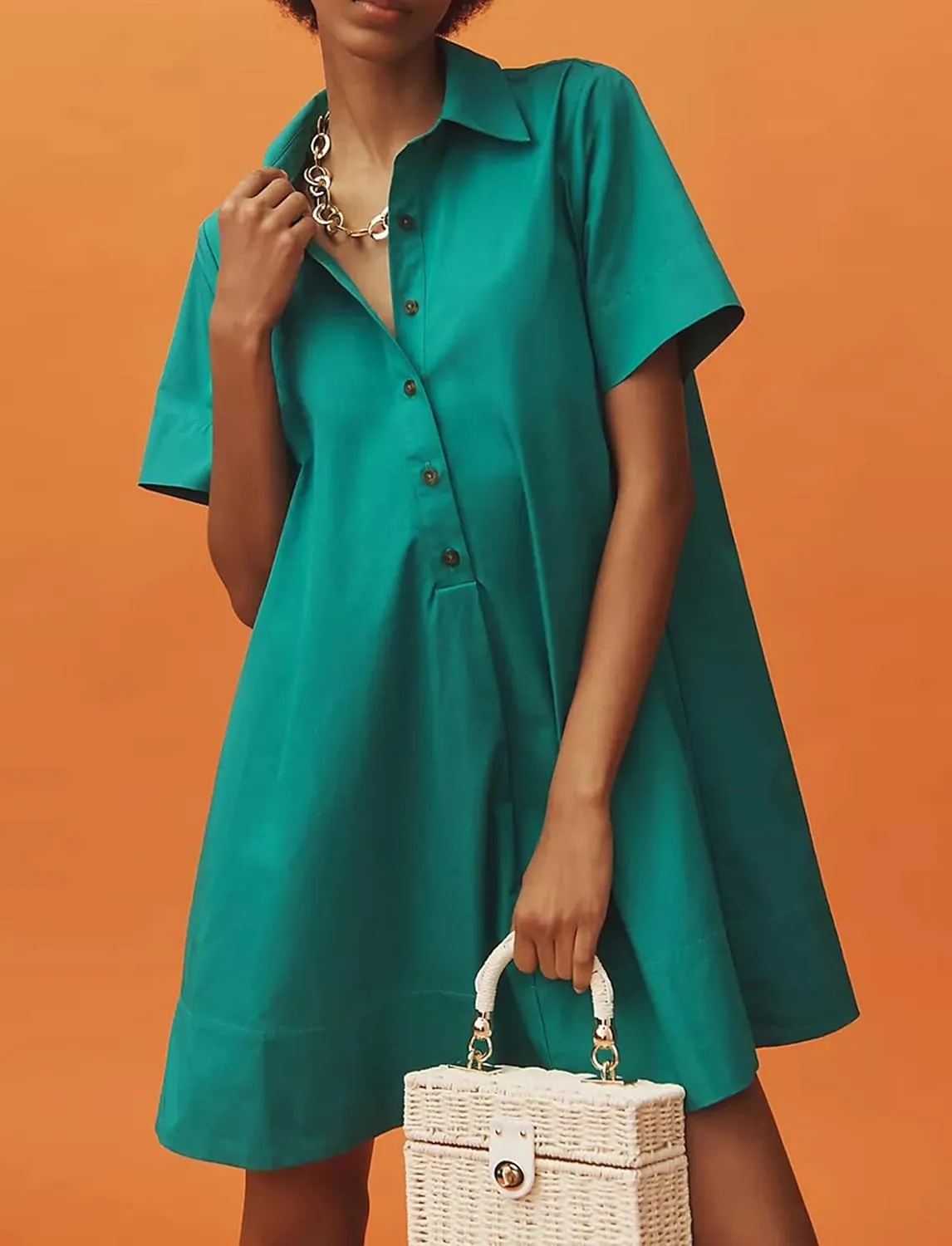 Short Sleeve Swing Tunic Mini Dress for Women Button Up Shirt Blouse Short Dress Summer Casual Flowy A Line Dress
