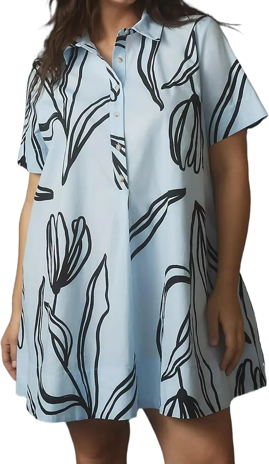 Short Sleeve Swing Tunic Mini Dress for Women Button Up Shirt Blouse Short Dress Summer Casual Flowy A Line Dress