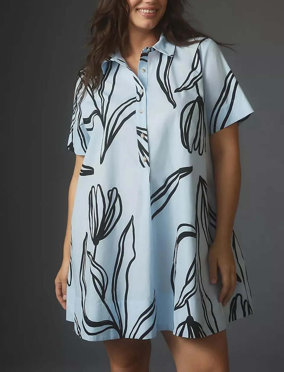 Short Sleeve Swing Tunic Mini Dress for Women Button Up Shirt Blouse Short Dress Summer Casual Flowy A Line Dress
