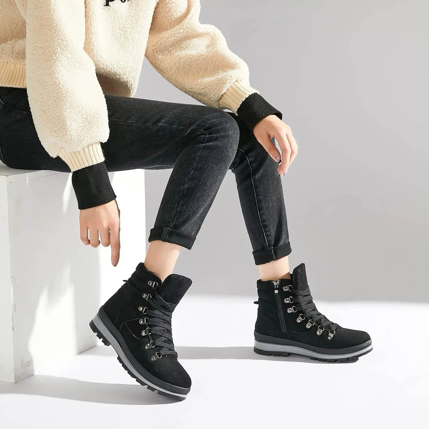 Shupua Women's Ankle Boots Winter Snow boots Fur Lined Warm Booties Girls Snow boot Lace Up Ankle boot