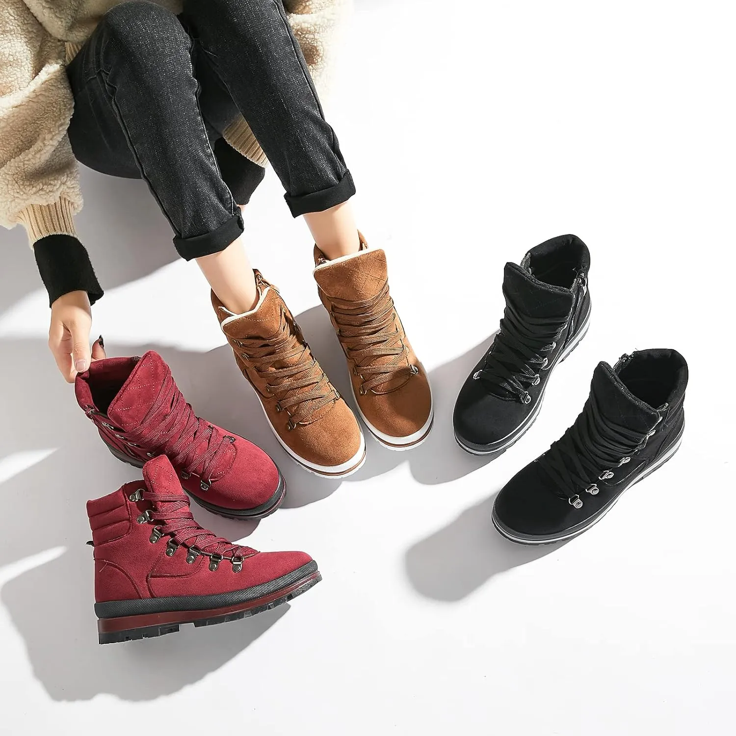 Shupua Women's Ankle Boots Winter Snow boots Fur Lined Warm Booties Girls Snow boot Lace Up Ankle boot