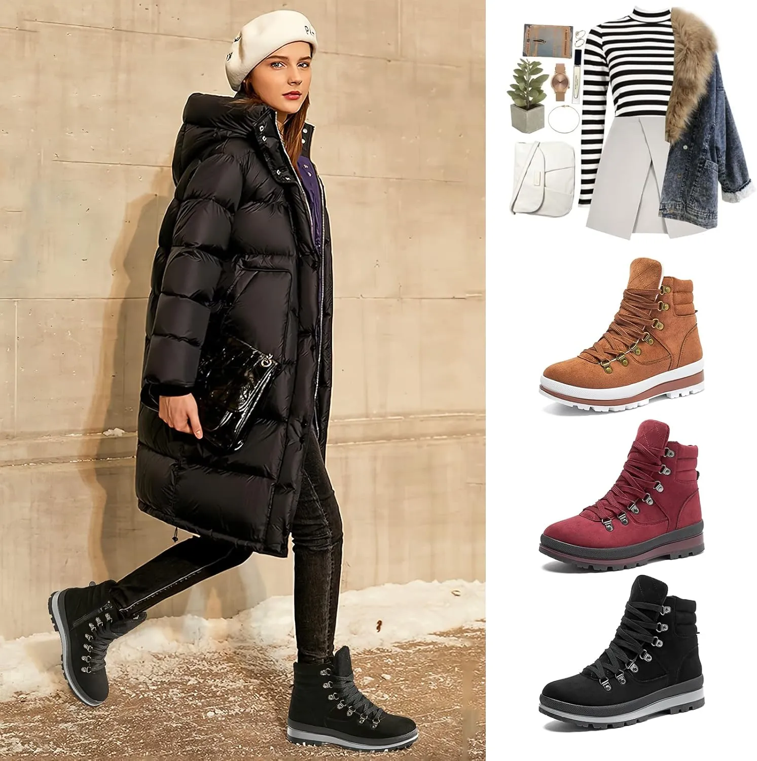 Shupua Women's Ankle Boots Winter Snow boots Fur Lined Warm Booties Girls Snow boot Lace Up Ankle boot