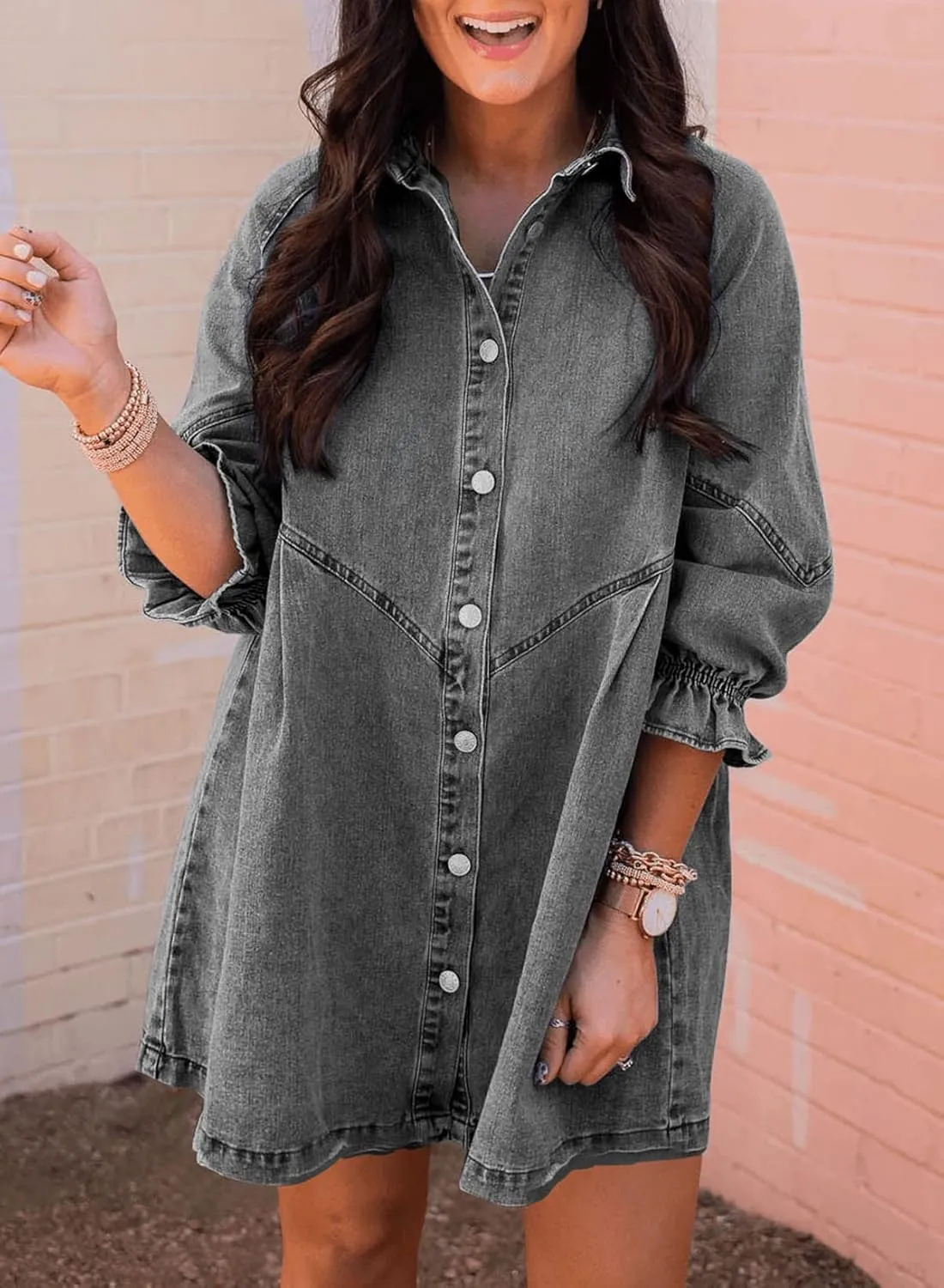 Sidefeel Womens Smocked 3 4 Sleeve Button Down Denim Jeans Dresses