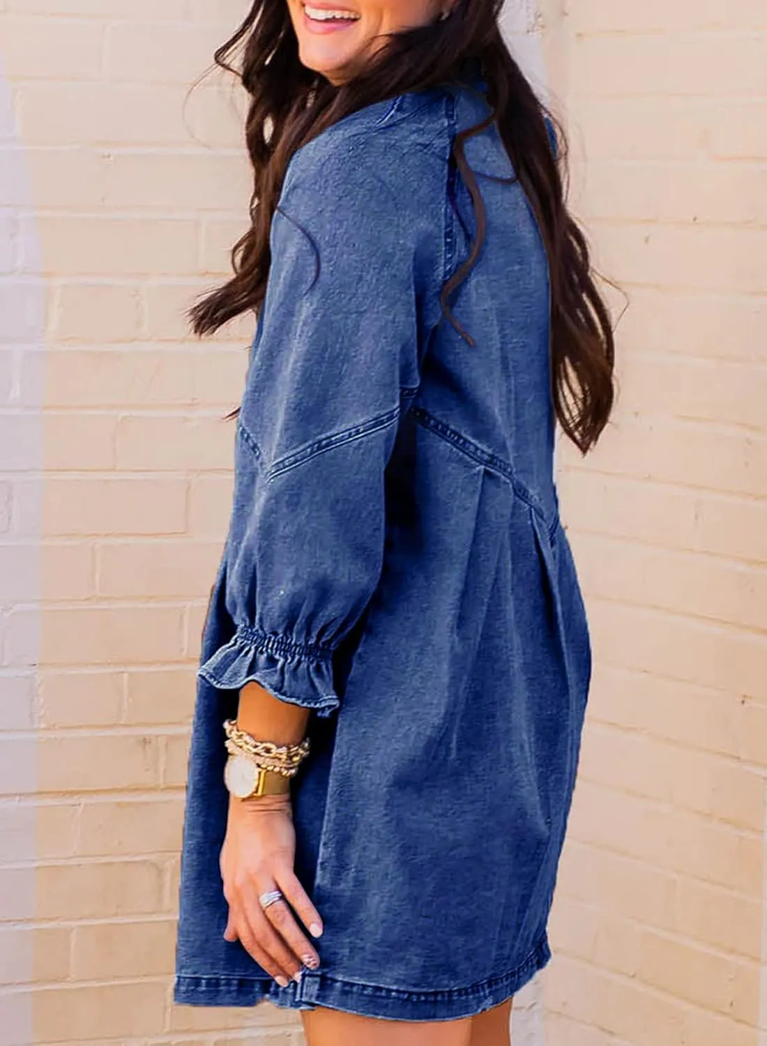 Sidefeel Womens Smocked 3 4 Sleeve Button Down Denim Jeans Dresses