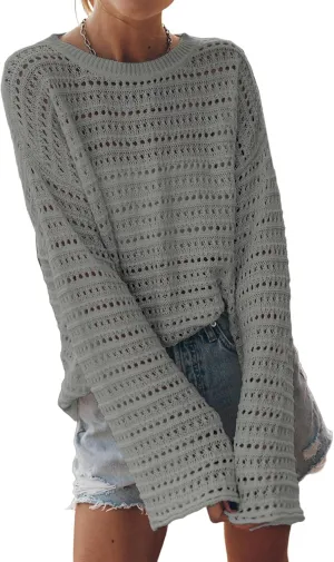 Sidefeel Womens Sweaters Lightweight Casual Long Sleeve Loose Crochet Hollow Out Knit Pullover Tops Clothing