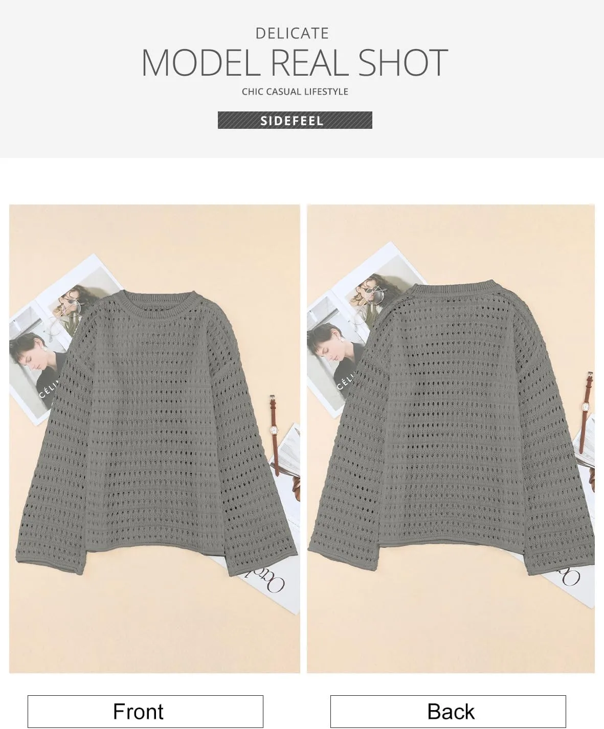 Sidefeel Womens Sweaters Lightweight Casual Long Sleeve Loose Crochet Hollow Out Knit Pullover Tops Clothing