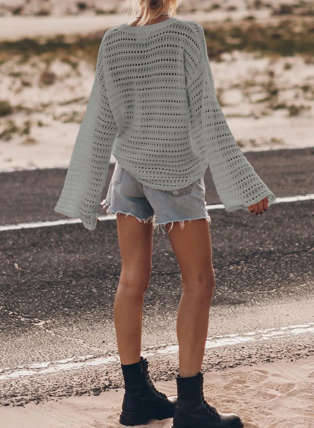 Sidefeel Womens Sweaters Lightweight Casual Long Sleeve Loose Crochet Hollow Out Knit Pullover Tops Clothing