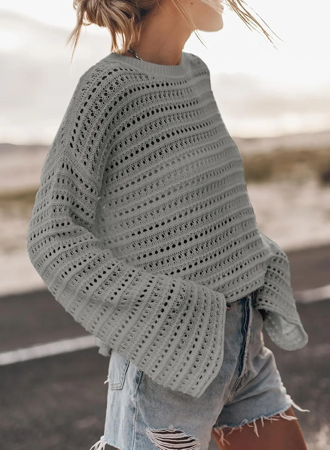 Sidefeel Womens Sweaters Lightweight Casual Long Sleeve Loose Crochet Hollow Out Knit Pullover Tops Clothing