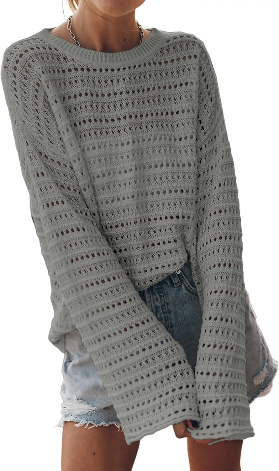Sidefeel Womens Sweaters Lightweight Casual Long Sleeve Loose Crochet Hollow Out Knit Pullover Tops Clothing