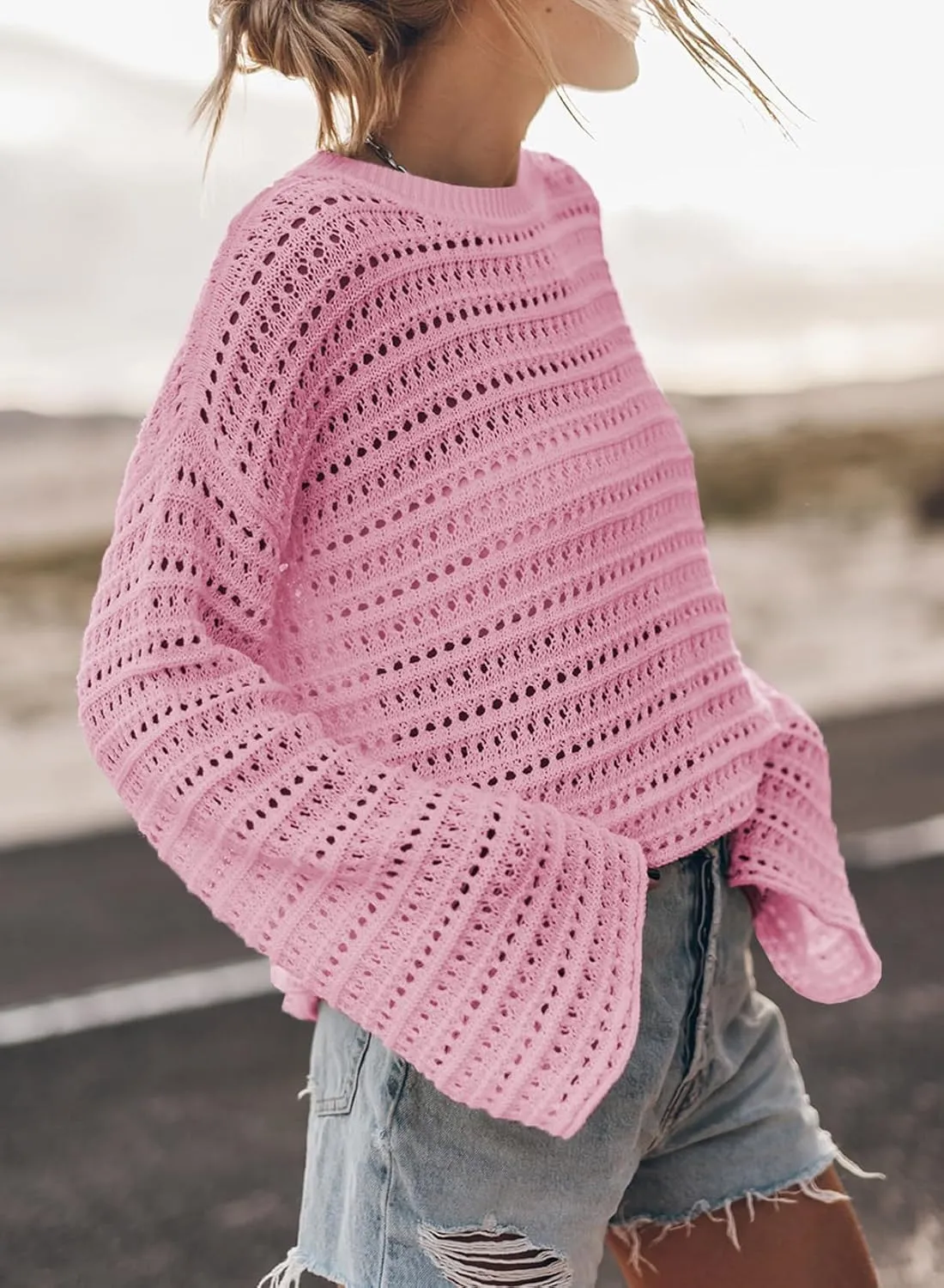 Sidefeel Womens Sweaters Lightweight Casual Long Sleeve Loose Crochet Hollow Out Knit Pullover Tops Clothing