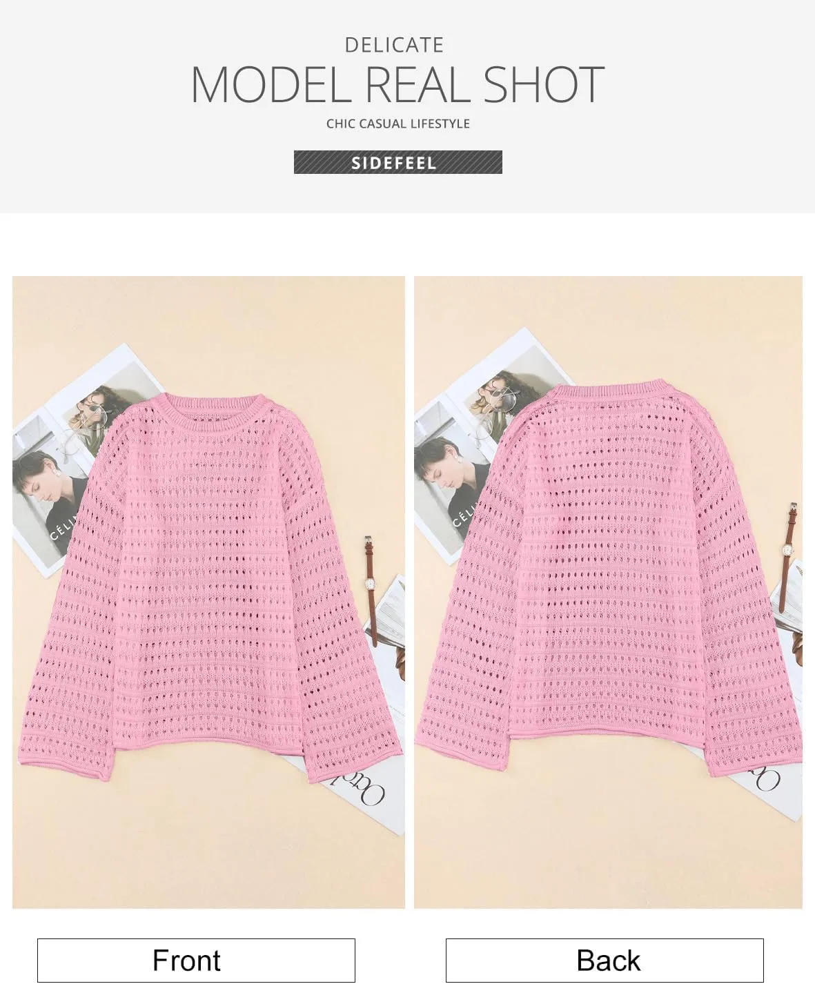 Sidefeel Womens Sweaters Lightweight Casual Long Sleeve Loose Crochet Hollow Out Knit Pullover Tops Clothing