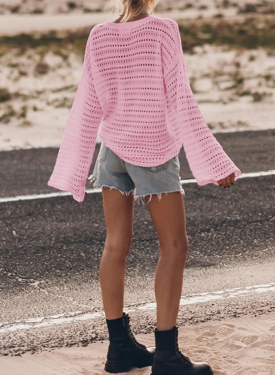 Sidefeel Womens Sweaters Lightweight Casual Long Sleeve Loose Crochet Hollow Out Knit Pullover Tops Clothing