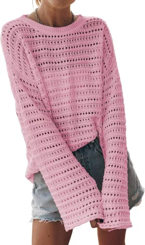 Sidefeel Womens Sweaters Lightweight Casual Long Sleeve Loose Crochet Hollow Out Knit Pullover Tops Clothing