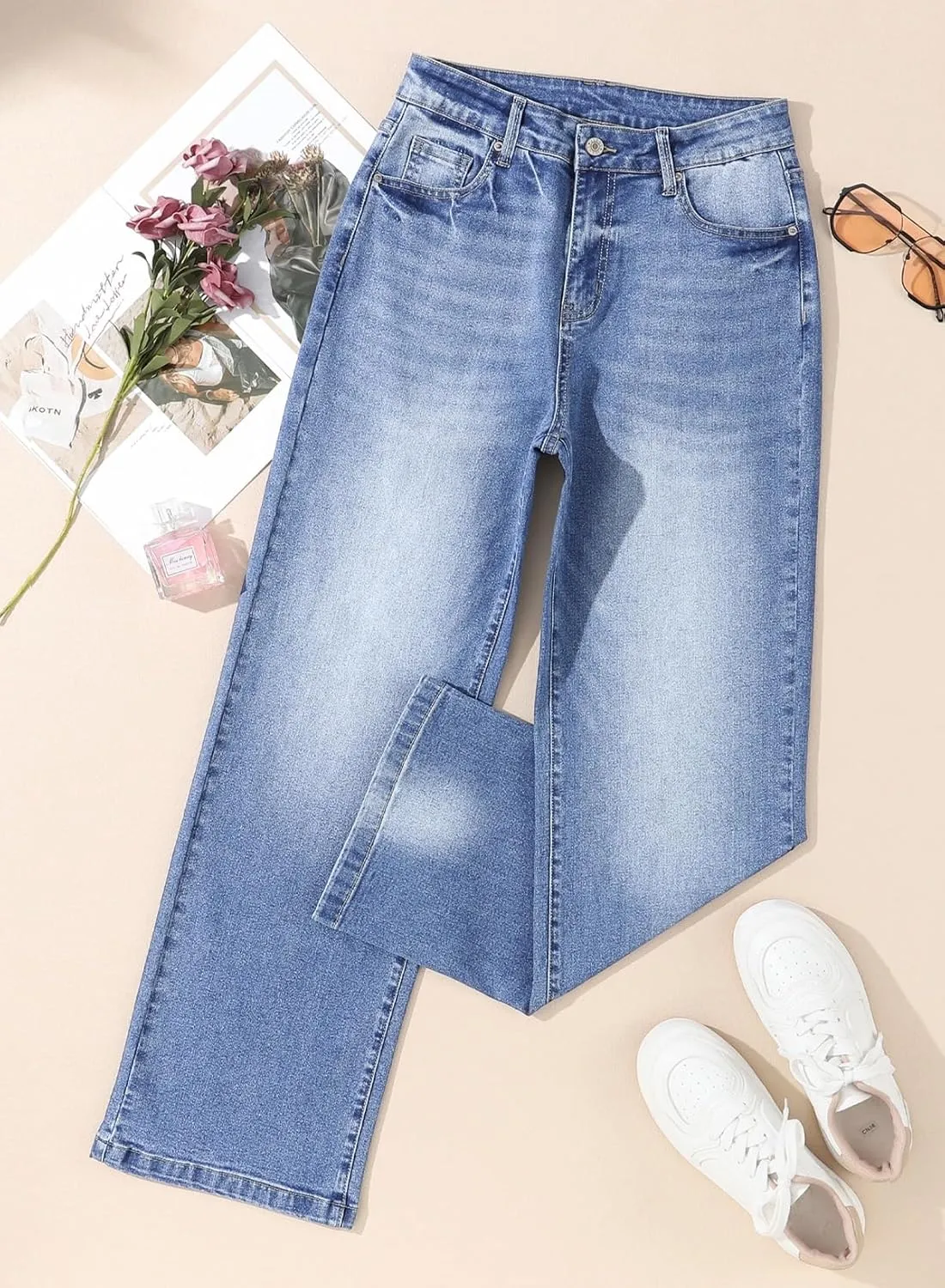 Sidefeel Women's Wide Leg Jeans Casual High Waisted Straight Zimbaplatinum Denim Pants with Pockets