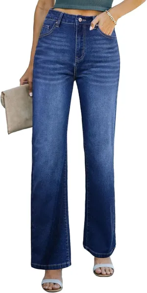 Sidefeel Women's Wide Leg Jeans Casual High Waisted Straight Zimbaplatinum Denim Pants with Pockets