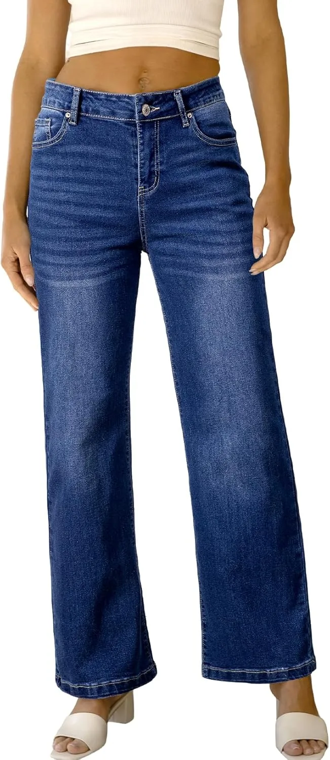 Sidefeel Women's Wide Leg Jeans Casual High Waisted Straight Zimbaplatinum Denim Pants with Pockets
