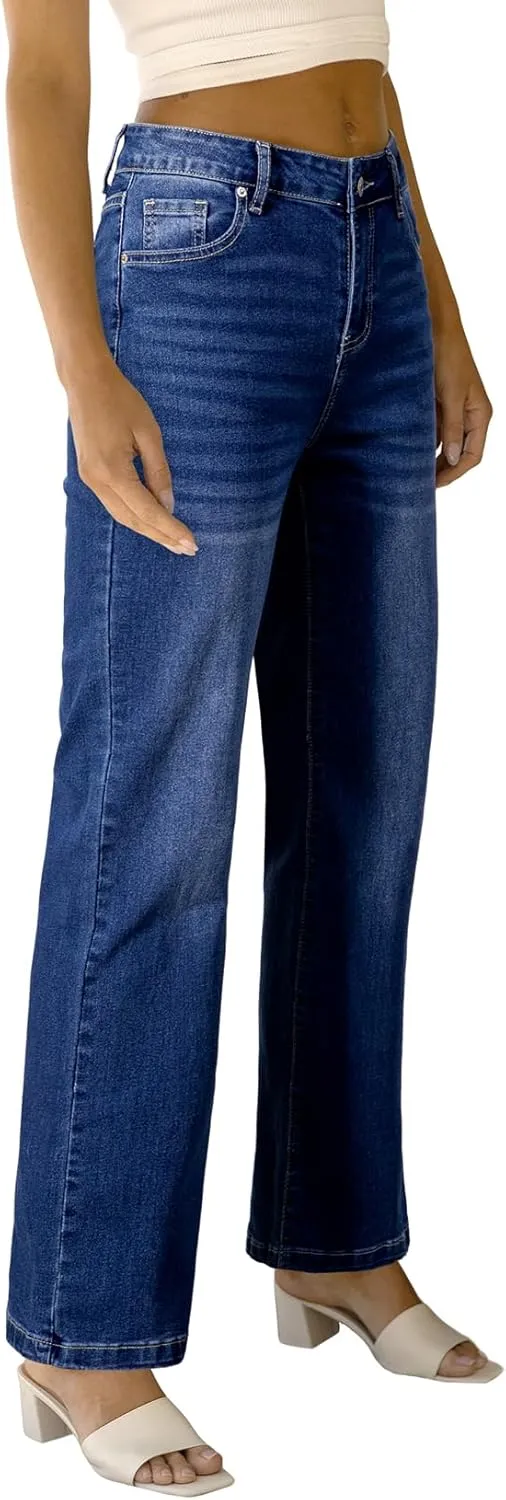 Sidefeel Women's Wide Leg Jeans Casual High Waisted Straight Zimbaplatinum Denim Pants with Pockets