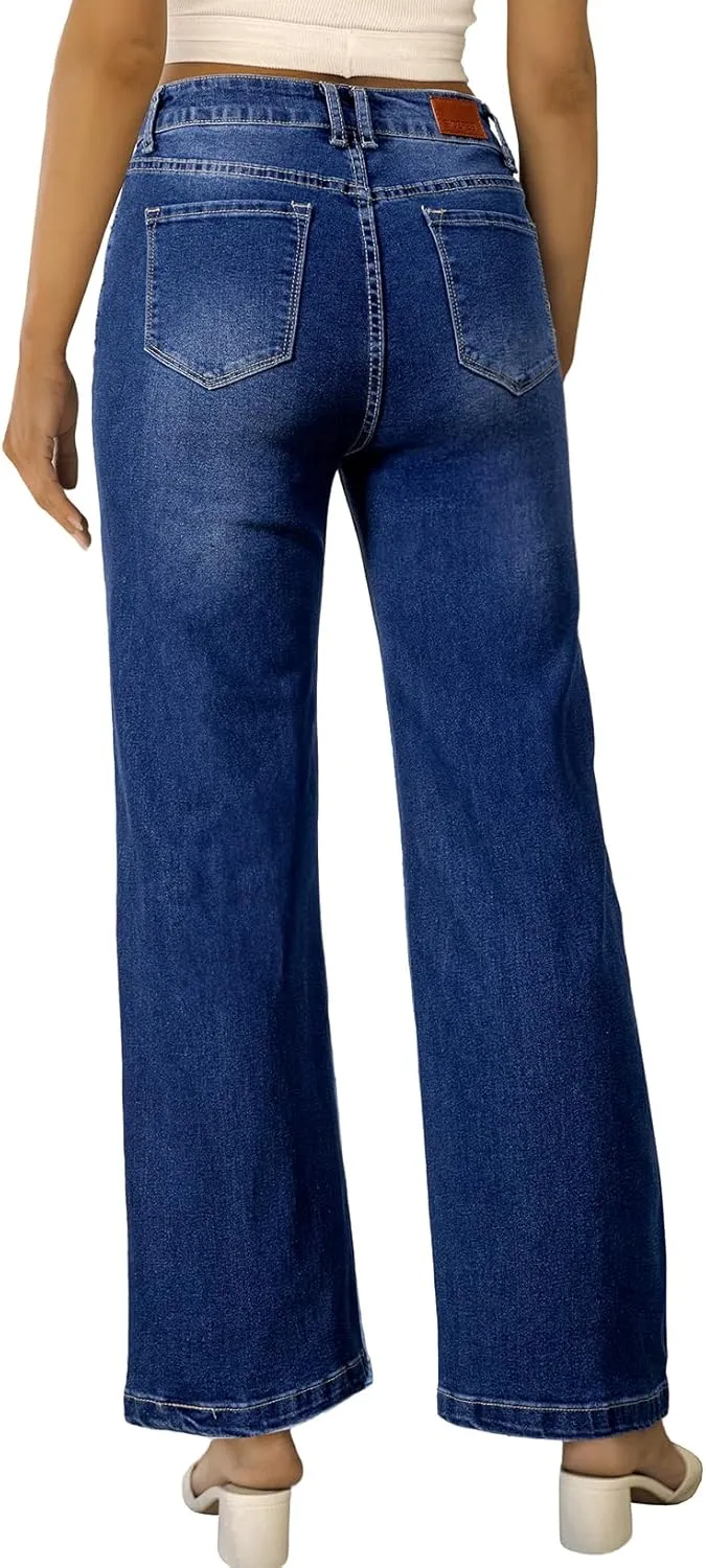 Sidefeel Women's Wide Leg Jeans Casual High Waisted Straight Zimbaplatinum Denim Pants with Pockets