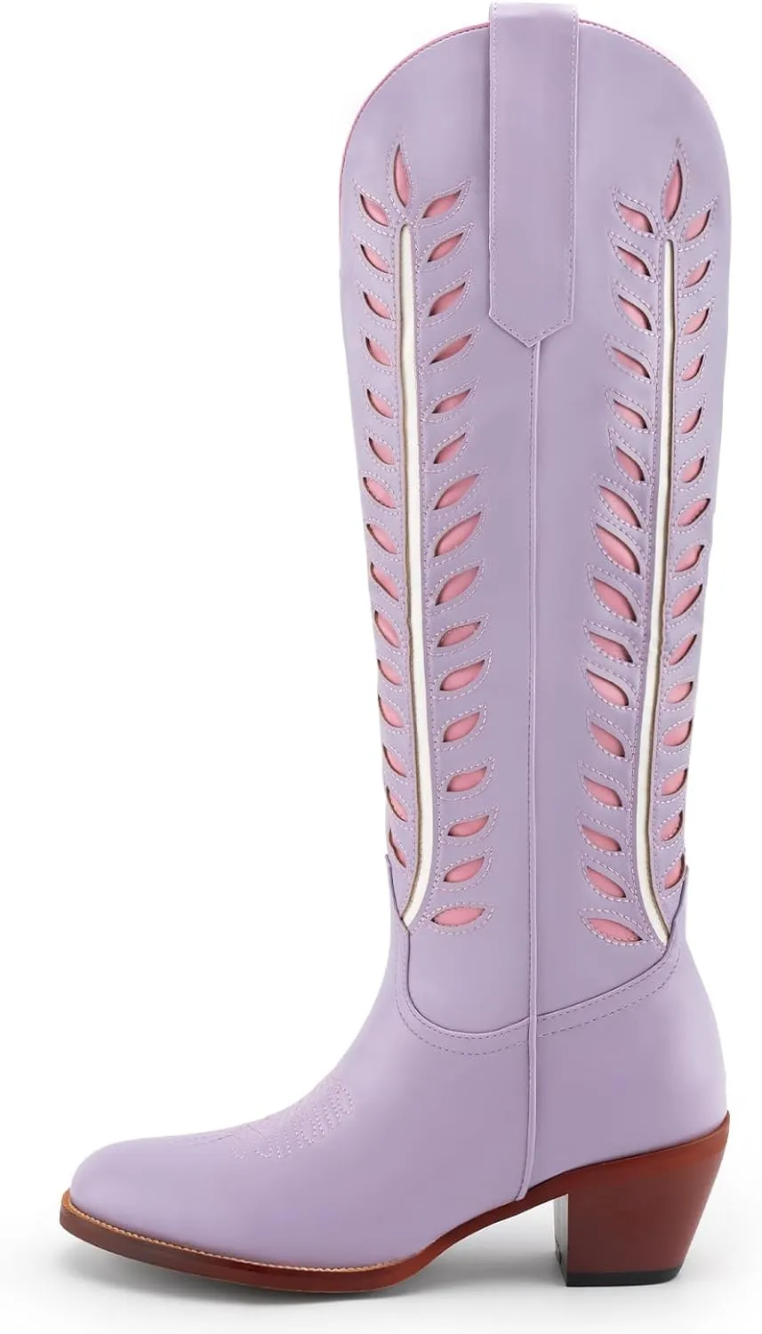 SIFINELAR Womens Cowboy Boots,Retro Leaf Embroidered Cowgirl Boots,Ladies Knee High Chunky Heel Round Toe Western Tall Boot.