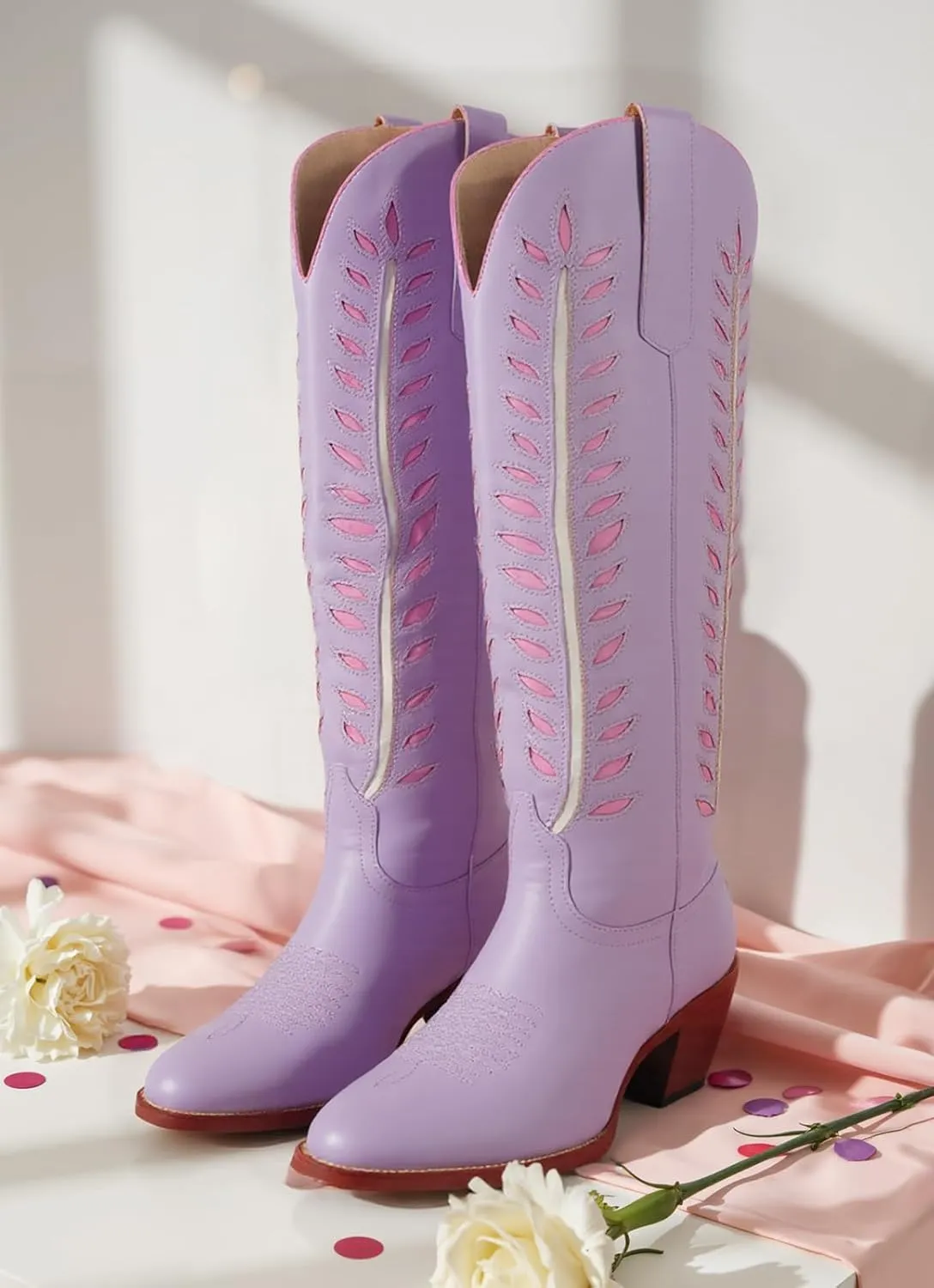 SIFINELAR Womens Cowboy Boots,Retro Leaf Embroidered Cowgirl Boots,Ladies Knee High Chunky Heel Round Toe Western Tall Boot.