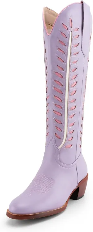 SIFINELAR Womens Cowboy Boots,Retro Leaf Embroidered Cowgirl Boots,Ladies Knee High Chunky Heel Round Toe Western Tall Boot.