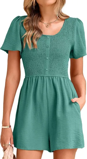Simplee Womens Summer Short Sleeve Romper Casual Loose Decorative Button Smocked Dressy Shorts Jumper Jumpsuit 2025
