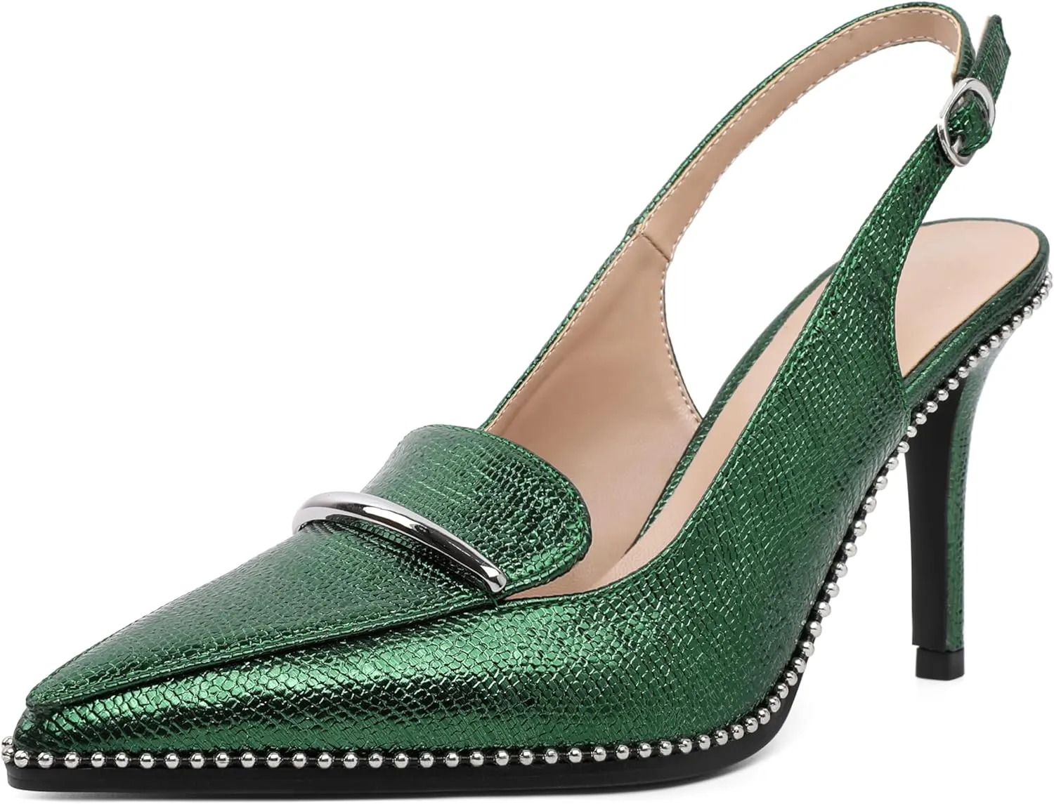Slingback Heels Women Stilettos High Heel Beaded Pumps Closed Pointd Toe Shoes Slip On Event Party 3.5 Inch Heeled Loafers