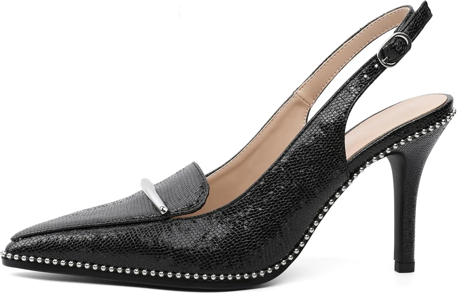 Slingback Heels Women Stilettos High Heel Beaded Pumps Closed Pointd Toe Shoes Slip On Event Party 3.5 Inch Heeled Loafers