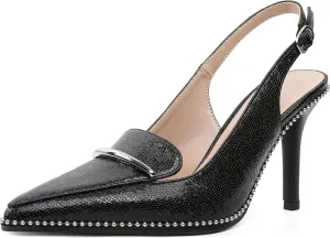 Slingback Heels Women Stilettos High Heel Beaded Pumps Closed Pointd Toe Shoes Slip On Event Party 3.5 Inch Heeled Loafers