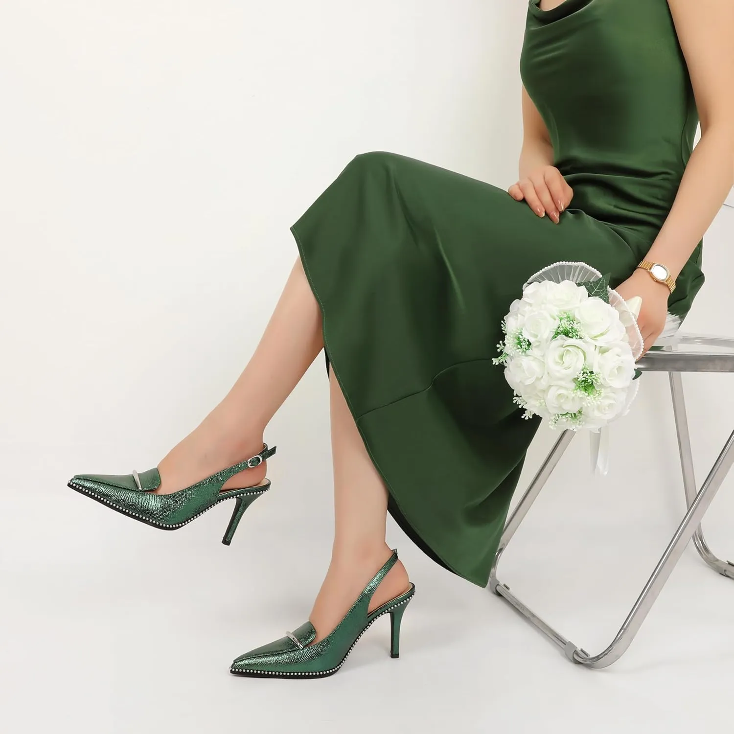 Slingback Heels Women Stilettos High Heel Beaded Pumps Closed Pointd Toe Shoes Slip On Event Party 3.5 Inch Heeled Loafers