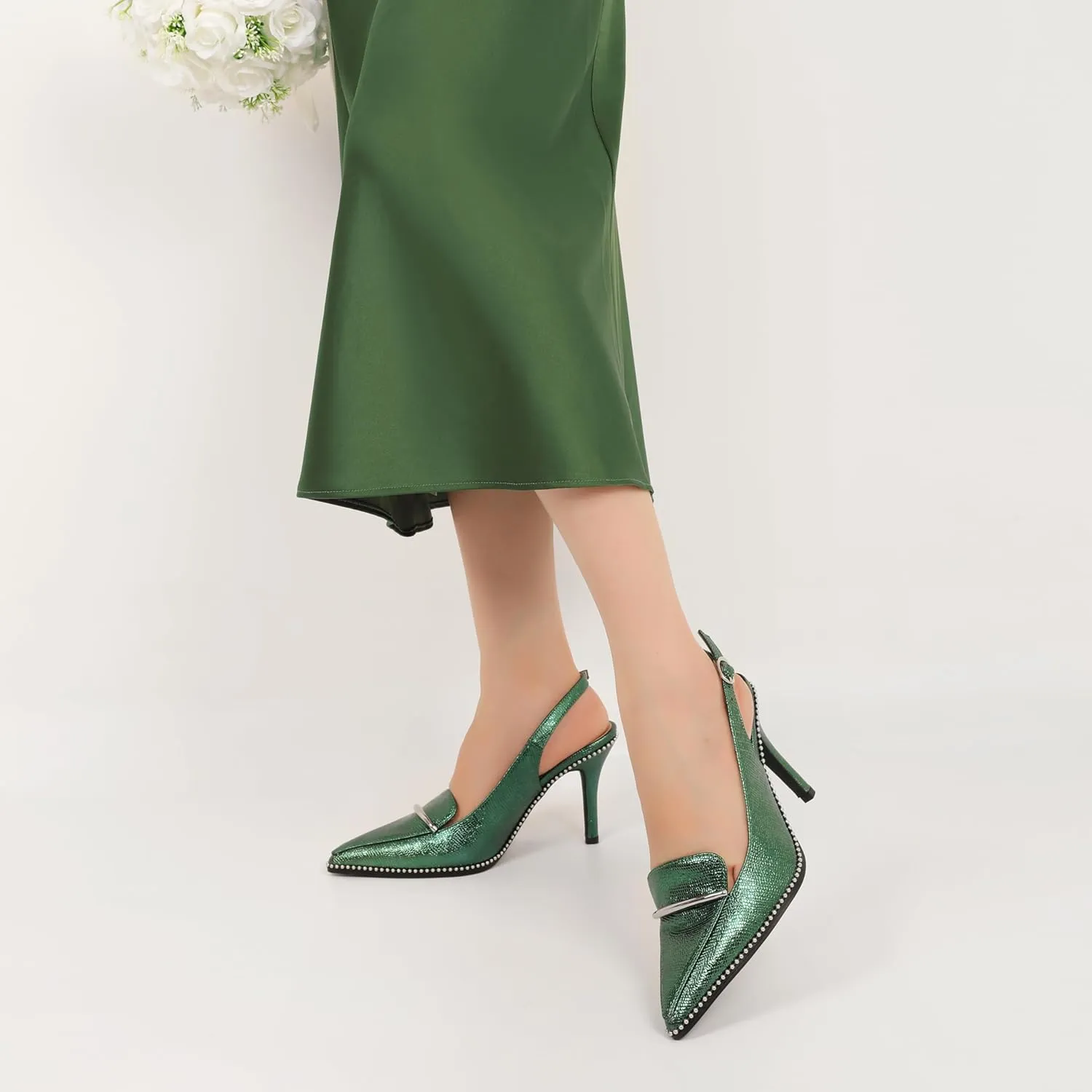 Slingback Heels Women Stilettos High Heel Beaded Pumps Closed Pointd Toe Shoes Slip On Event Party 3.5 Inch Heeled Loafers