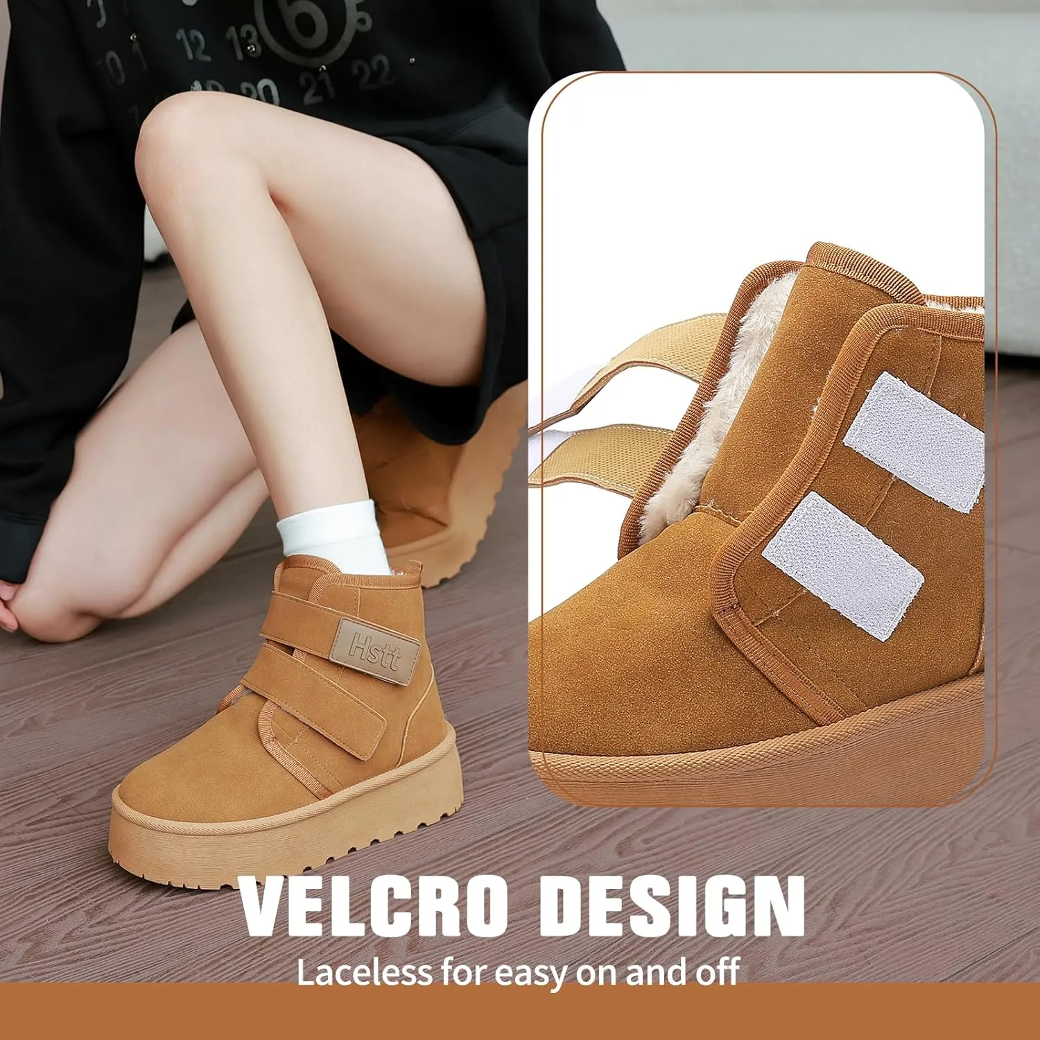 Snow Boots for Women Classic Genuine Suede Leather Winter Boots, Platform Anti-Slip Womens Fur Boots with Memory Foam, Lightweight Ankle Boots Comfort Fuzzy Slippers Shoes