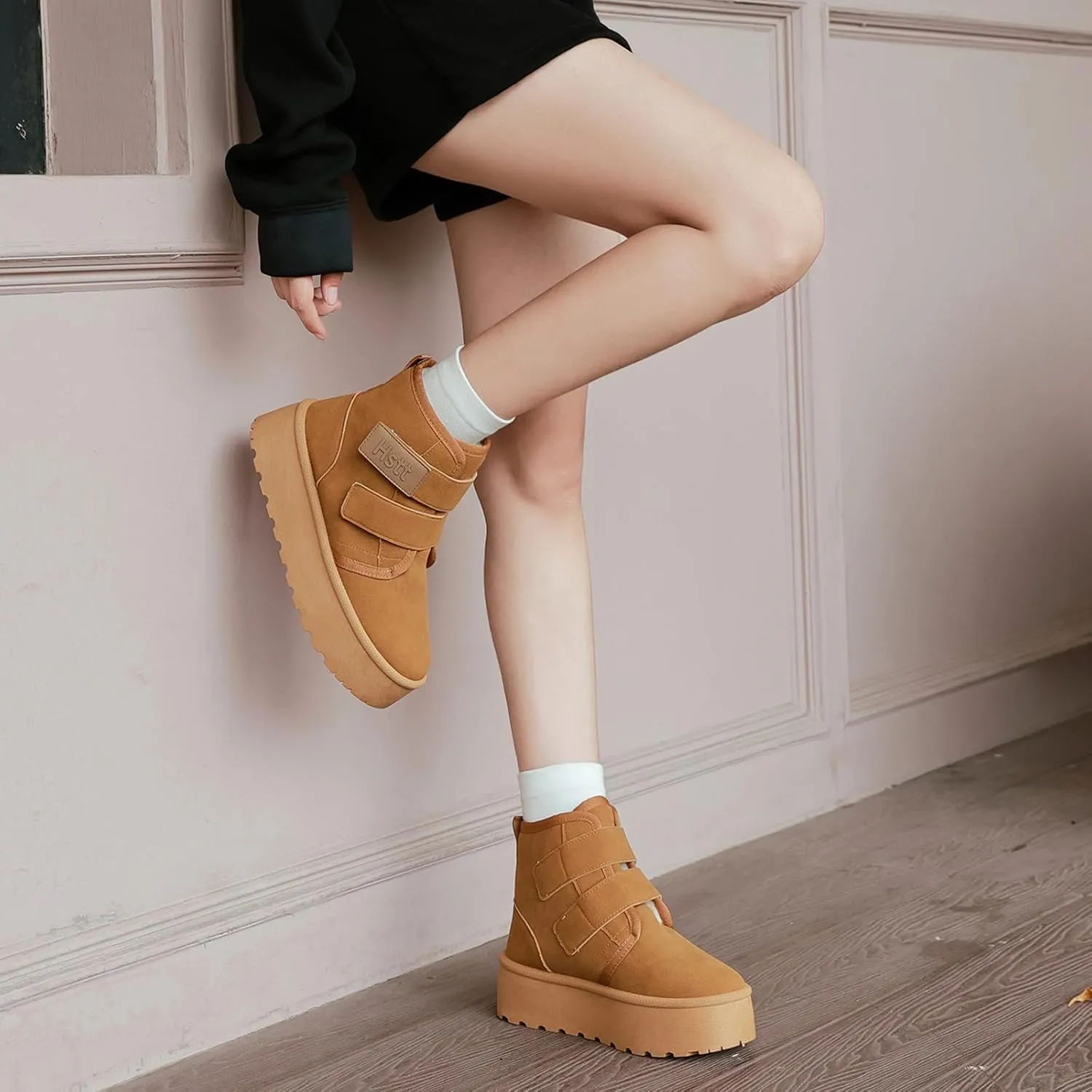 Snow Boots for Women Classic Genuine Suede Leather Winter Boots, Platform Anti-Slip Womens Fur Boots with Memory Foam, Lightweight Ankle Boots Comfort Fuzzy Slippers Shoes