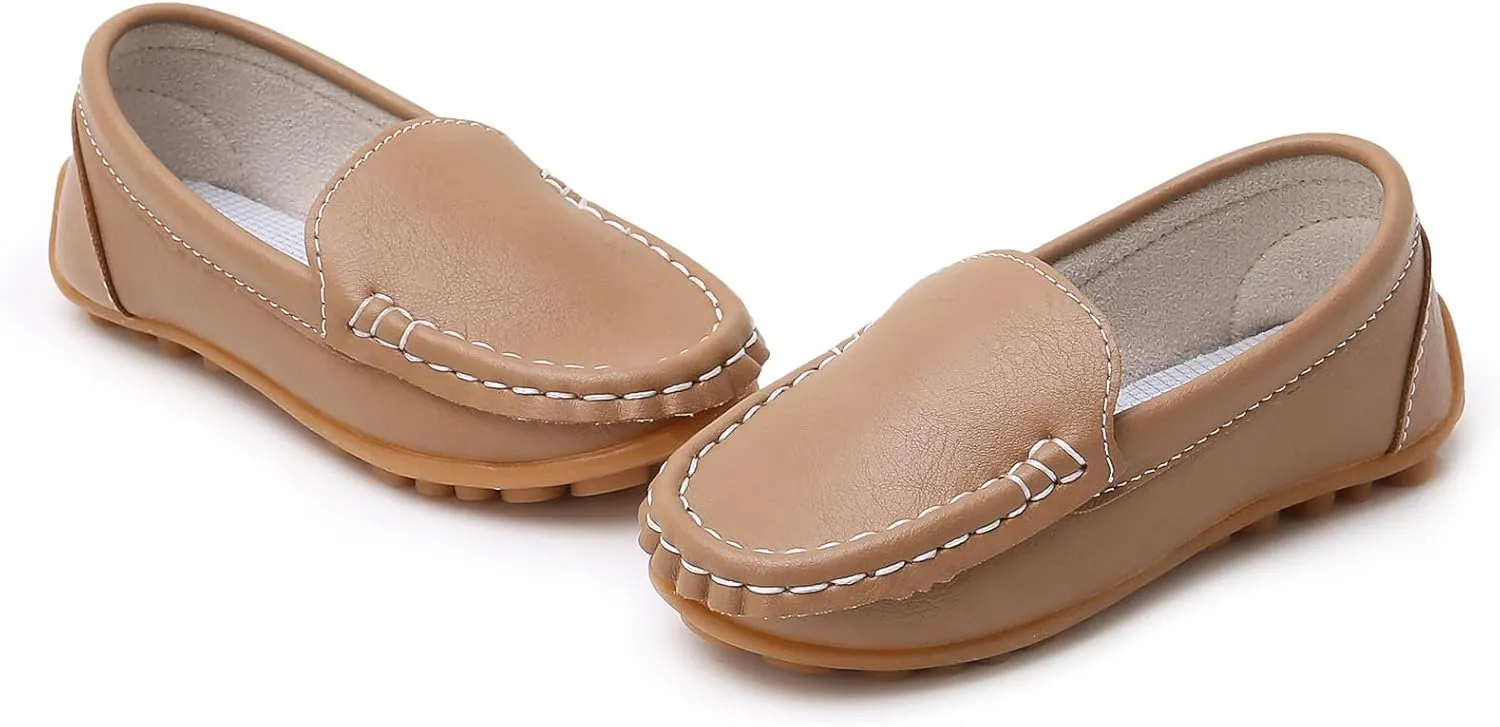 SOFMUO Boys Girls Leather Loafers Slip-On Oxford Flats Boat Dress Schooling Daily Walking Shoes(Toddler/Little Kids)