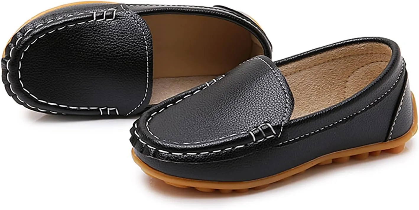 SOFMUO Boys Girls Leather Loafers Slip-On Oxford Flats Boat Dress Schooling Daily Walking Shoes(Toddler/Little Kids)