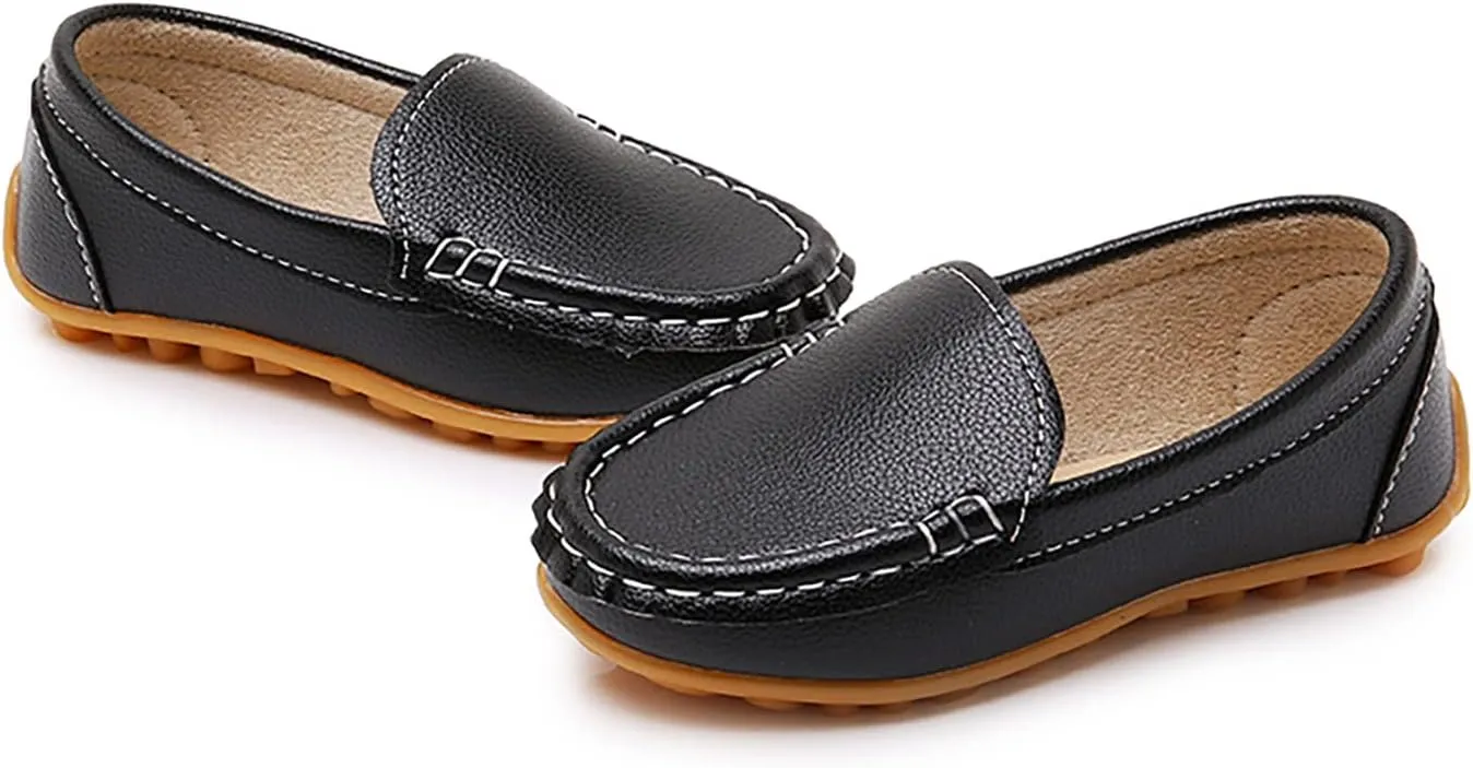 SOFMUO Boys Girls Leather Loafers Slip-On Oxford Flats Boat Dress Schooling Daily Walking Shoes(Toddler/Little Kids)