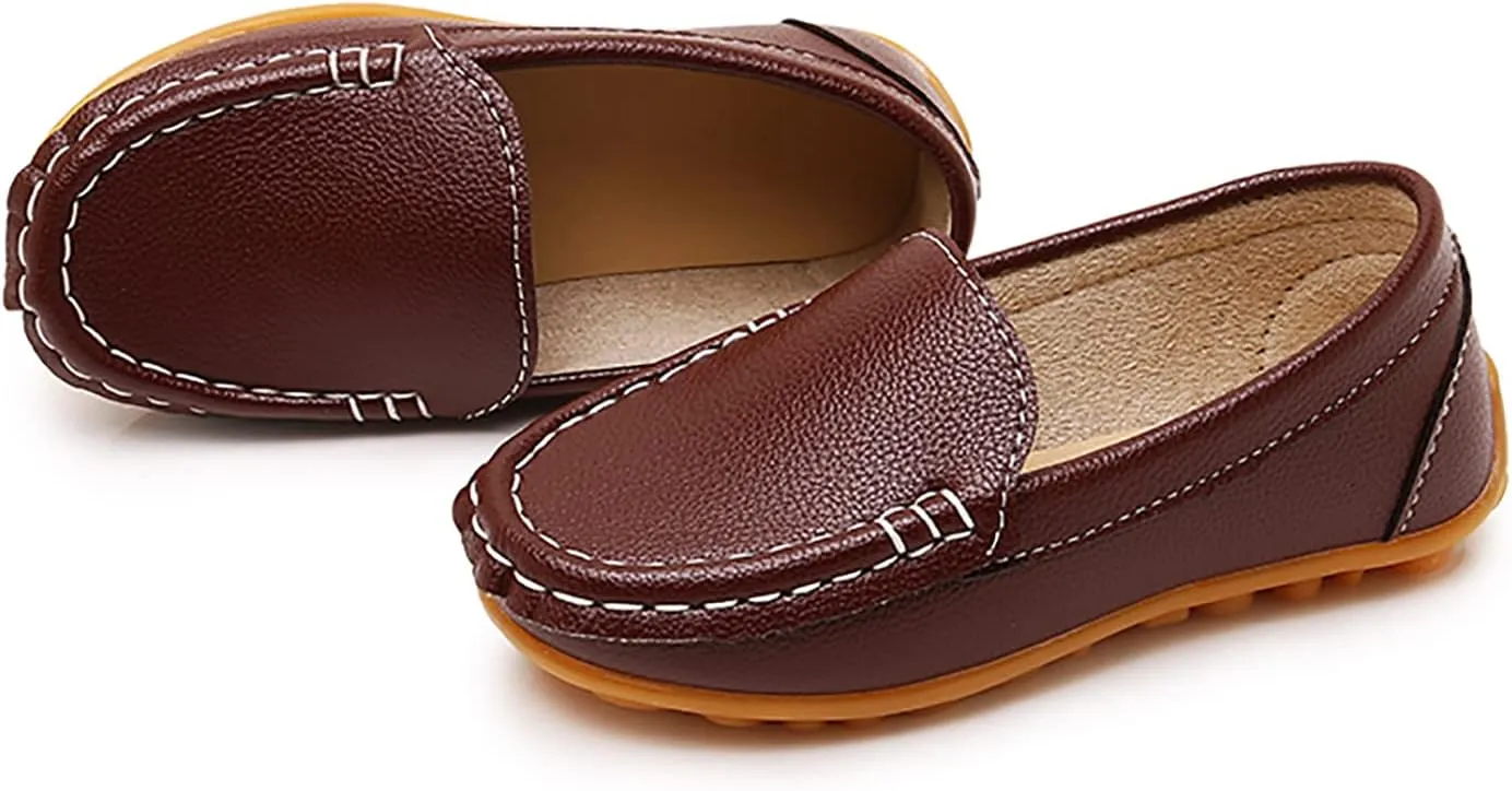 SOFMUO Boys Girls Leather Loafers Slip-On Oxford Flats Boat Dress Schooling Daily Walking Shoes(Toddler/Little Kids)