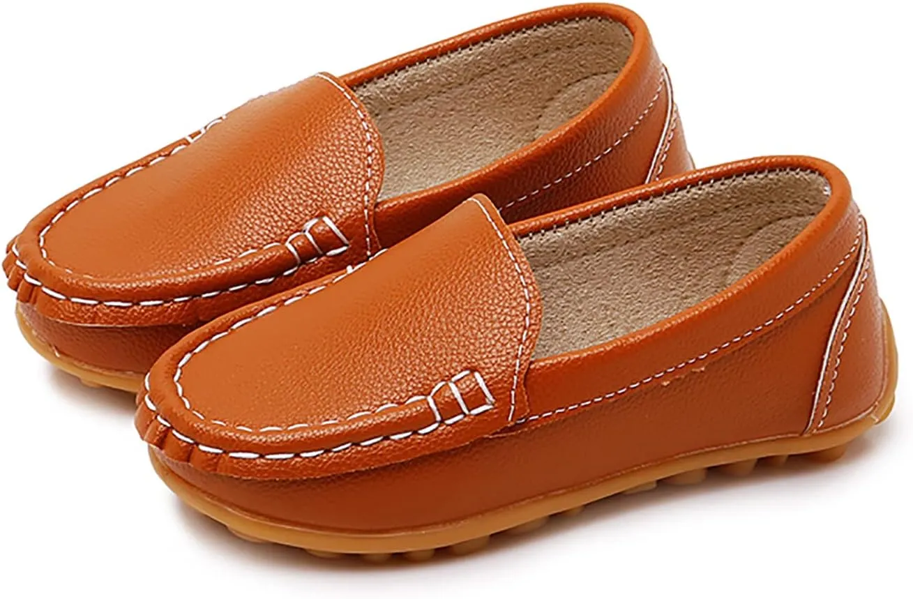 SOFMUO Boys Girls Leather Loafers Slip-On Oxford Flats Boat Dress Schooling Daily Walking Shoes(Toddler/Little Kids)