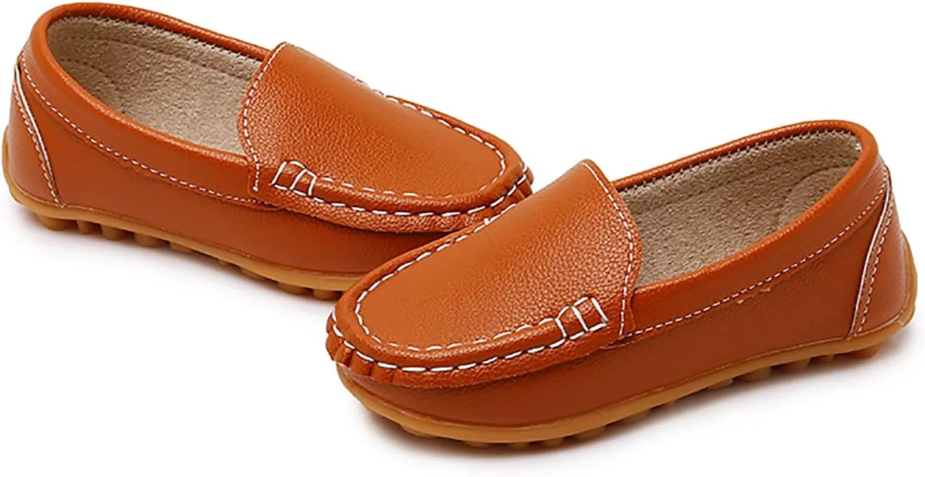 SOFMUO Boys Girls Leather Loafers Slip-On Oxford Flats Boat Dress Schooling Daily Walking Shoes(Toddler/Little Kids)