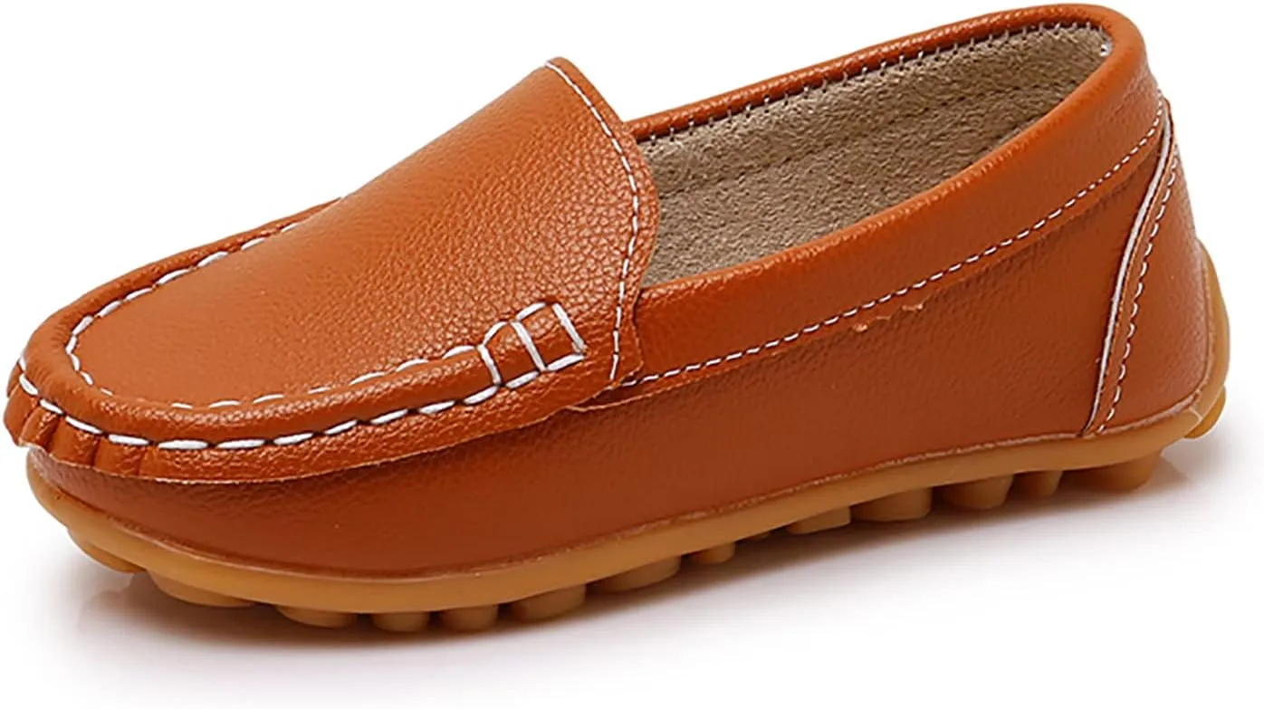 SOFMUO Boys Girls Leather Loafers Slip-On Oxford Flats Boat Dress Schooling Daily Walking Shoes(Toddler/Little Kids)