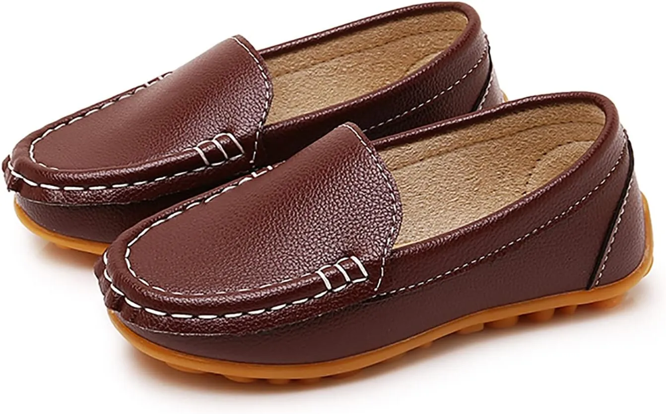 SOFMUO Boys Girls Leather Loafers Slip-On Oxford Flats Boat Dress Schooling Daily Walking Shoes(Toddler/Little Kids)
