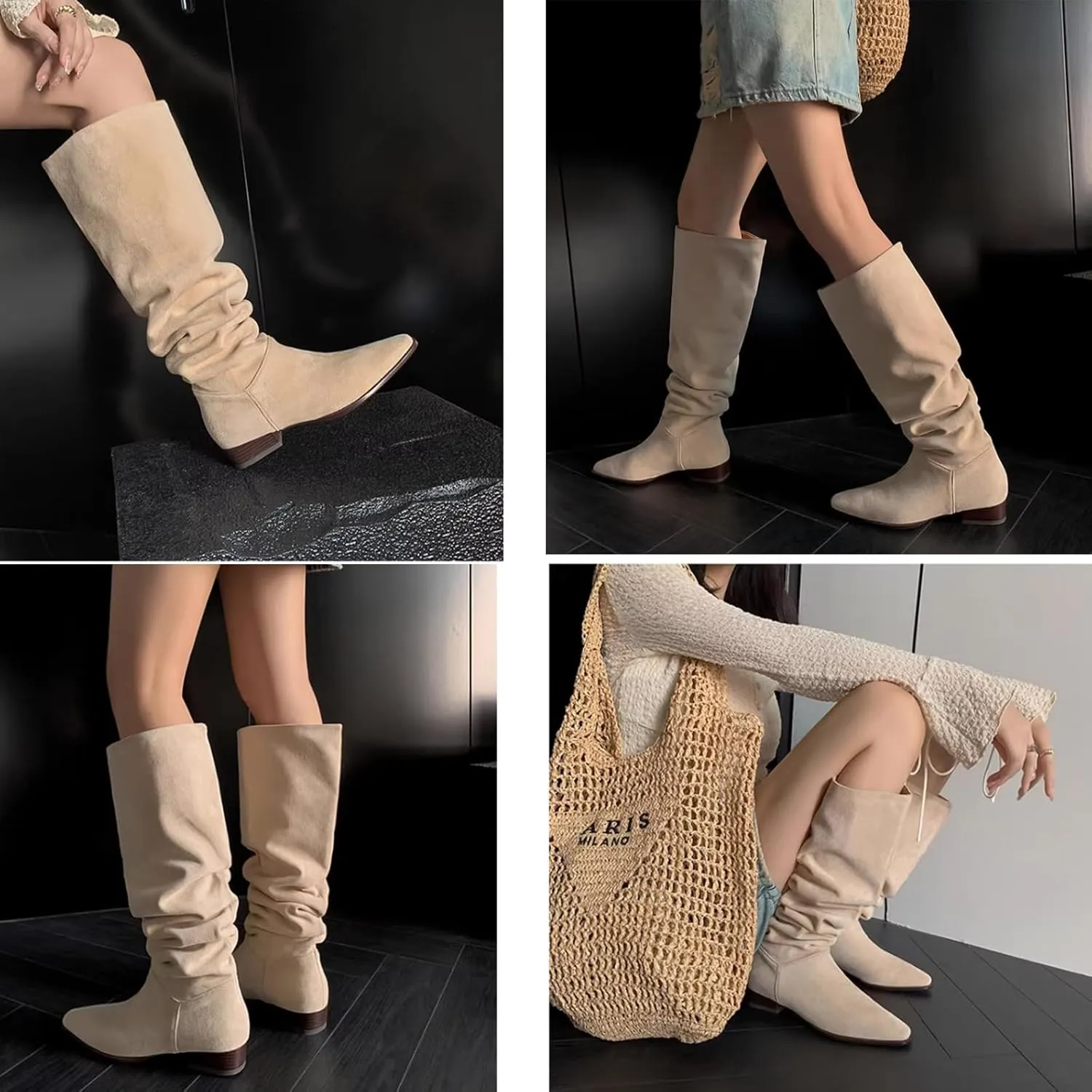 Square Toe Thick Heel Boots,Suede High Boots,Women's Long Boots,Cowhide Soles,Cowhide Insole,Suitable for Various Occasions