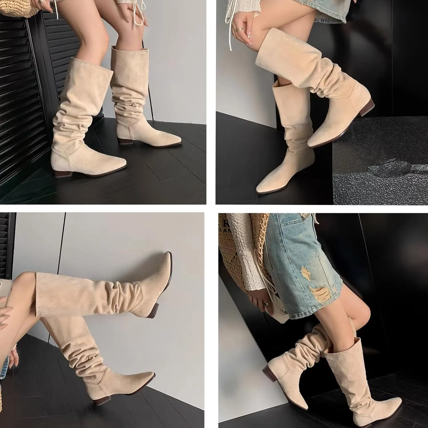 Square Toe Thick Heel Boots,Suede High Boots,Women's Long Boots,Cowhide Soles,Cowhide Insole,Suitable for Various Occasions