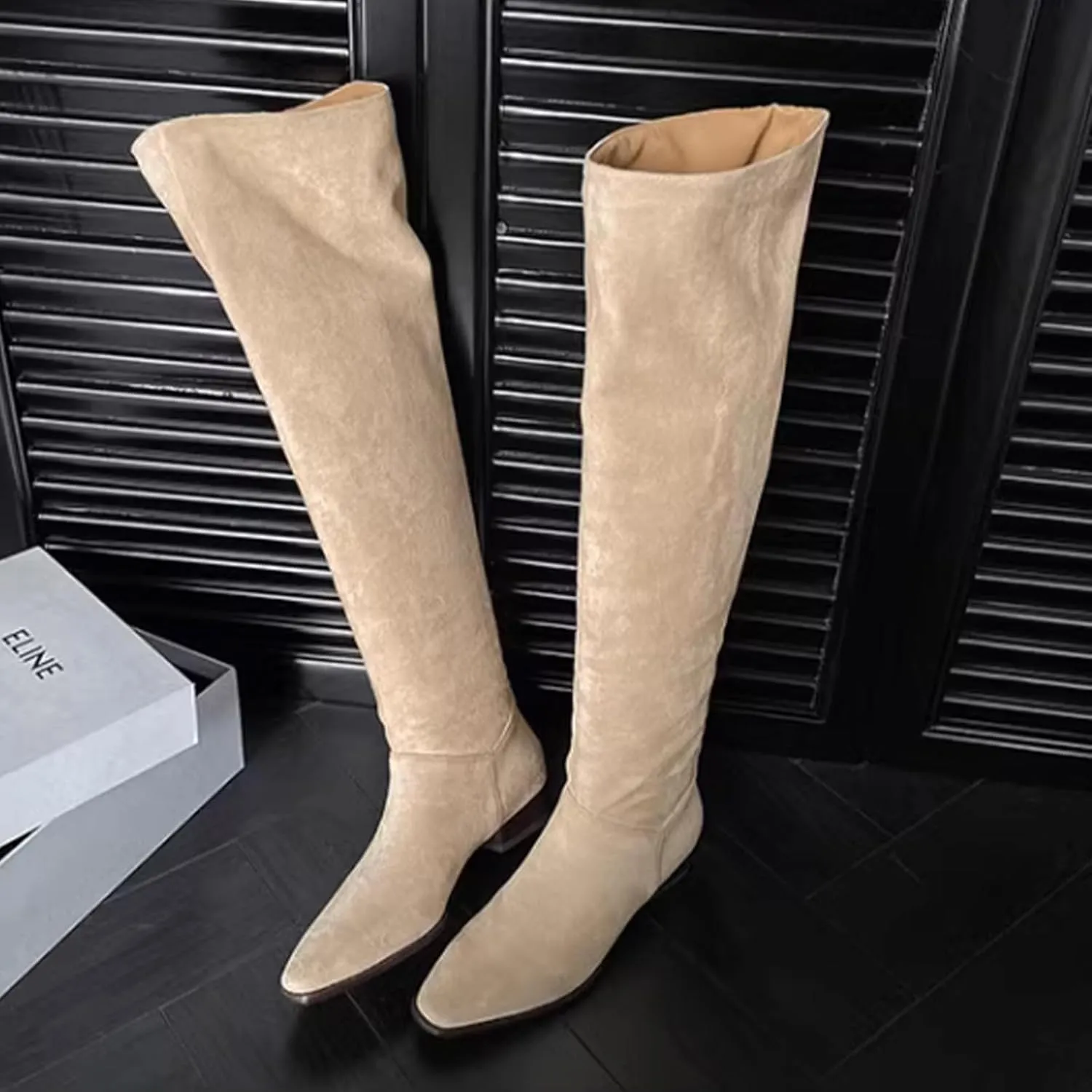 Square Toe Thick Heel Boots,Suede High Boots,Women's Long Boots,Cowhide Soles,Cowhide Insole,Suitable for Various Occasions
