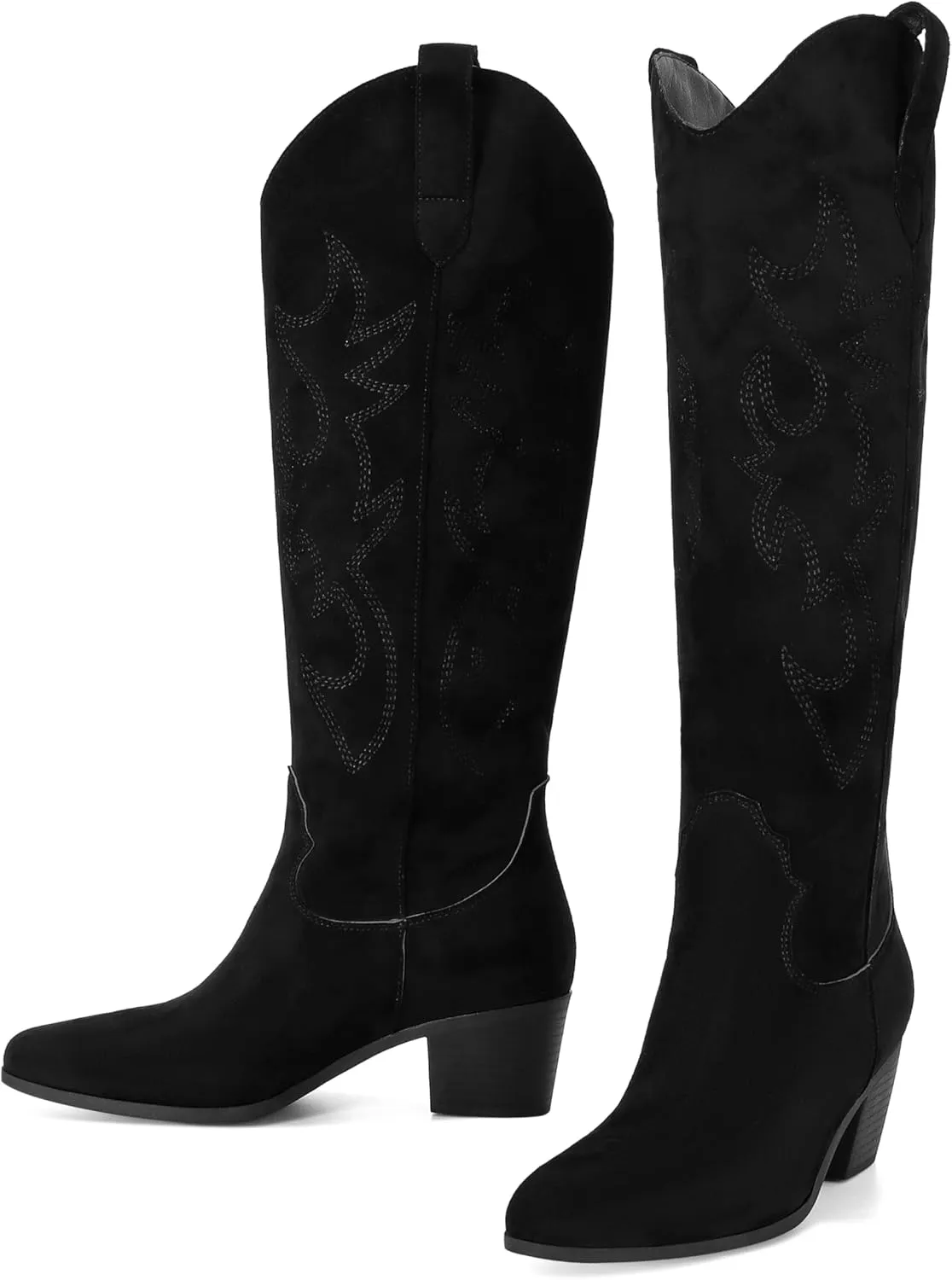 STALOV Cowboy Boots for Women,Western Pointed Toe Chunky Heel Pull-On Knee High Cowgirl Boots Fashion Embroidered Tall