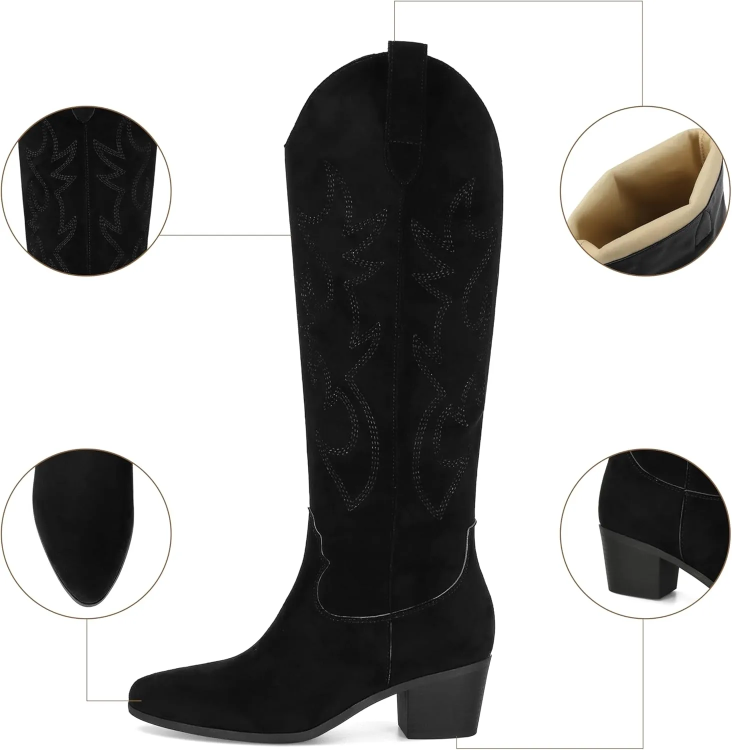 STALOV Cowboy Boots for Women,Western Pointed Toe Chunky Heel Pull-On Knee High Cowgirl Boots Fashion Embroidered Tall
