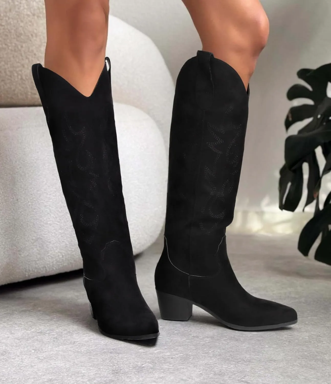STALOV Cowboy Boots for Women,Western Pointed Toe Chunky Heel Pull-On Knee High Cowgirl Boots Fashion Embroidered Tall